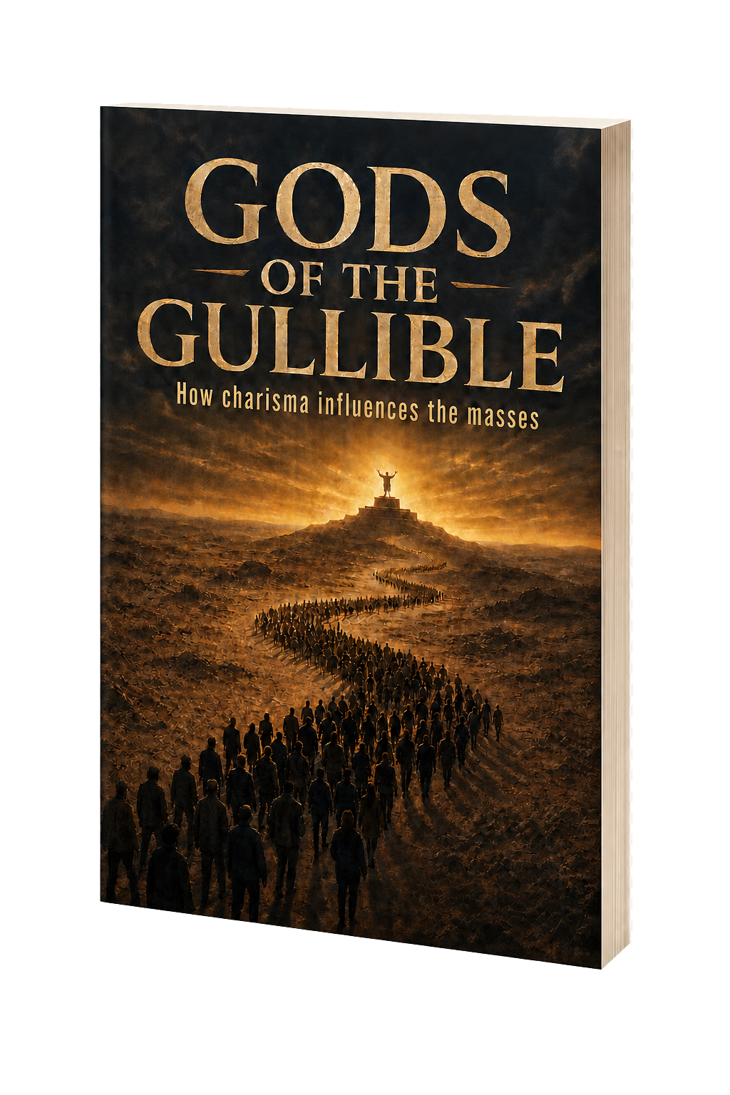 Three-dimensional paperback mockup of Gods of the Gullible, a nonfiction book about atheism, religion, belief, and critical thinking